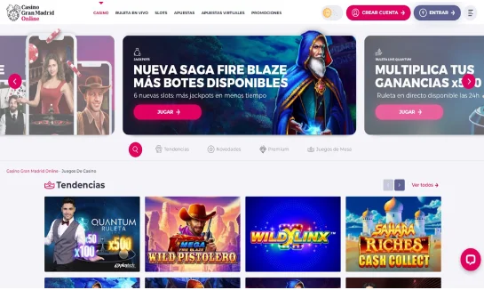 Interfaz de Casino Gran Madrid mostrando secciones de apuestas deportivas y casino